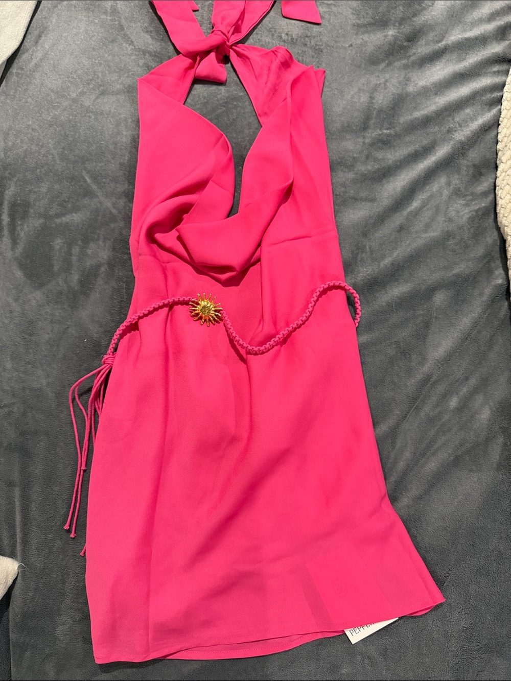 Peppermayo Hot Pink Halter Mini Dress with Sunburst Accent
